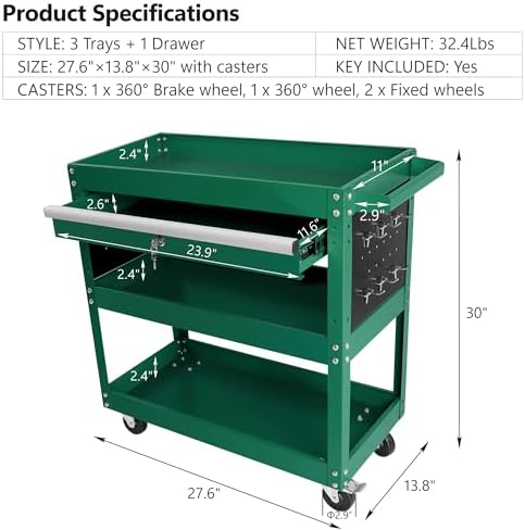 tool chest with wheels, 3-tier rolling tool box, close-up detail
