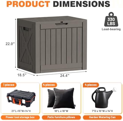 42 gallon outdoor storage box, lockable resin deck, front angle view