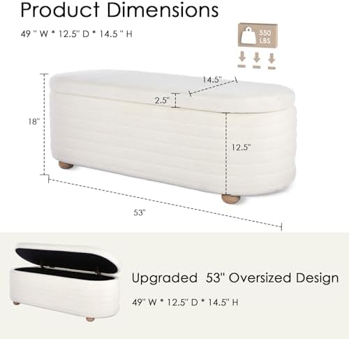 53" modern storage ottoman bench, white sherpa shown in use