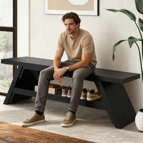 2-tier shoe storage bench, 55" large solid wood, package contents