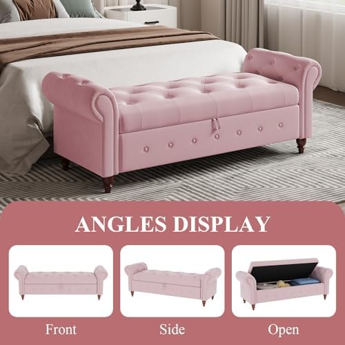 63'' storage ottoman bench, upholstered bed bench, pink on a desk or shelf