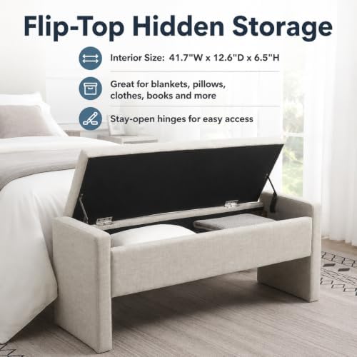 47.25 inch storage ottoman bench, linen upholstered, light, side view