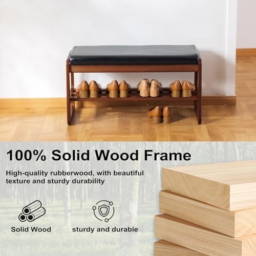 sobibo solid wood shoe bench, 2-tier wooden entryway showing dimensions
