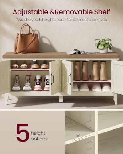 vasagle shoe bench, farmhouse entryway bench with cushion, side view