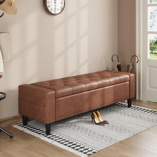 60" storage ottoman bench, faux leather upholstered bed, front angle view