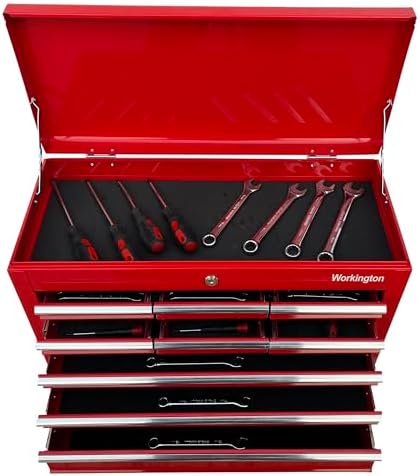 workington portable metal tool chest with 9 drawers, side view