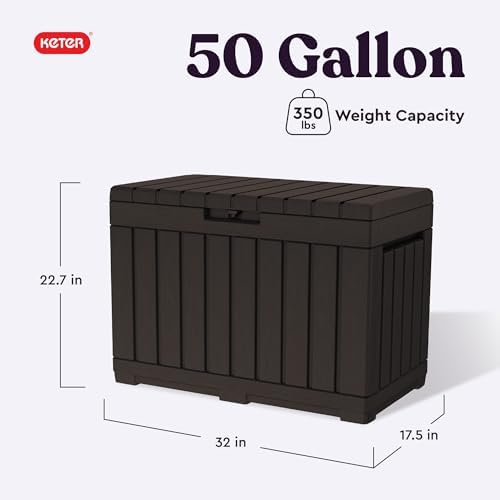 keter kentwood 50 gal outdoor storage box and shown in use