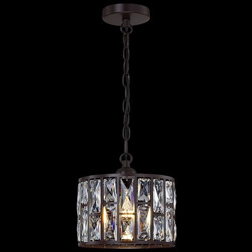 1 Light Hanging Kitchen Island Modern Concise 9.3" Crystal Pendant Ceiling Light Fixture Oil Rubbed Bronze Finish with Crystal Plate Metal Shade for Bar,Dining Room Corridor,Living Room
