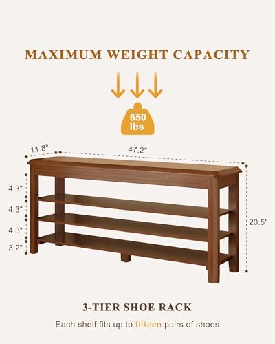 iunvr shoe rack bench seat rubberwood 3-tier wooden shown in use