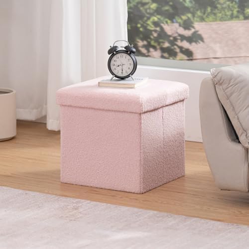 folding storage ottoman bench, 15 inch boucle small shown in use
