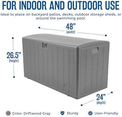 plastic development group outdoor deck box, soft close shown in use