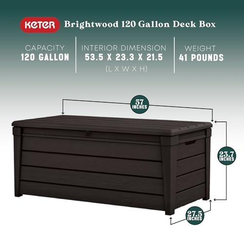 keter brightwood waterproof outdoor storage deck box, 120 shown in use