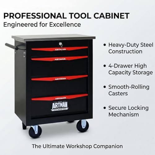 rolling tool chest,stainless steel worktop,black,4‑drawer, close-up detail