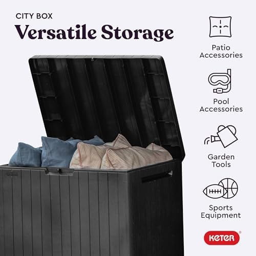 keter city 30 gal outdoor storage box and, side view