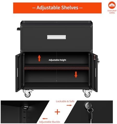 washsemba metal garage storage cabinet with wheels,lockable rolling, side view