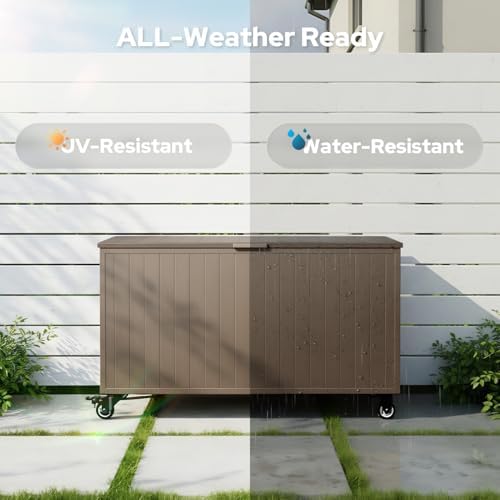 150 gallon outdoor storage box with wheels, metal on a desk or shelf