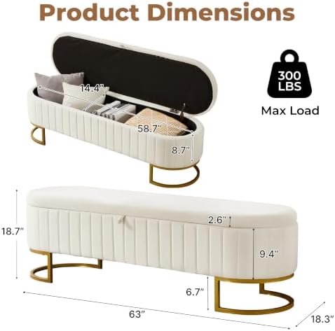 storage ottoman bench, 63" velvet end of bed shown in use
