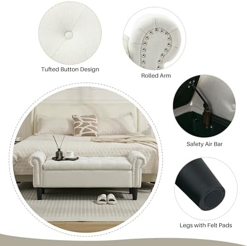 softhion 50" storage bench for bedroom, linen upholstered, side view