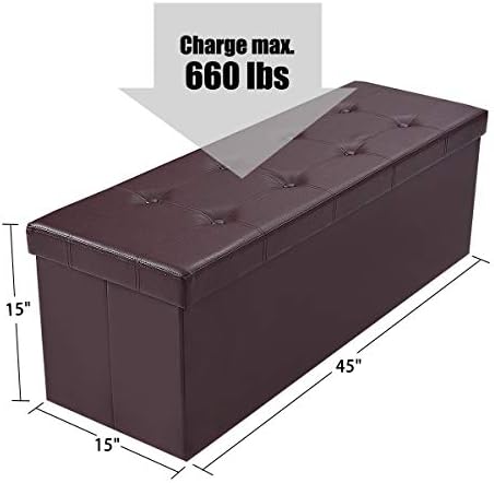 43" folding storage ottoman bench, faux leather storage, close-up detail