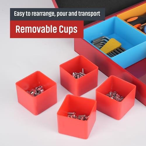 metal organizer box with 10 removable compartments, red, close-up detail