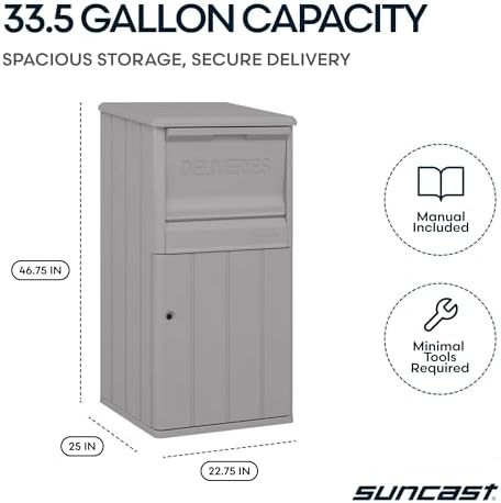 suncast 33.5-gallon capacity package delivery box, parcel drop, close-up detail