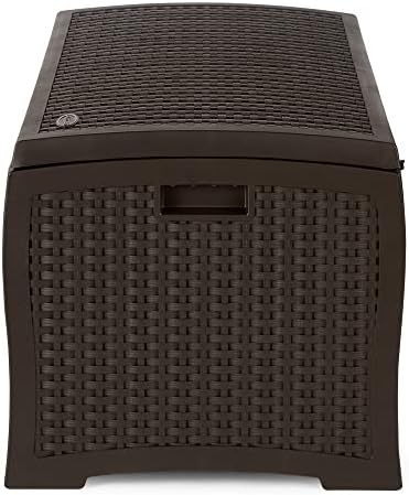 suncast outdoor storage box - 73 gallon mocha on a desk or shelf