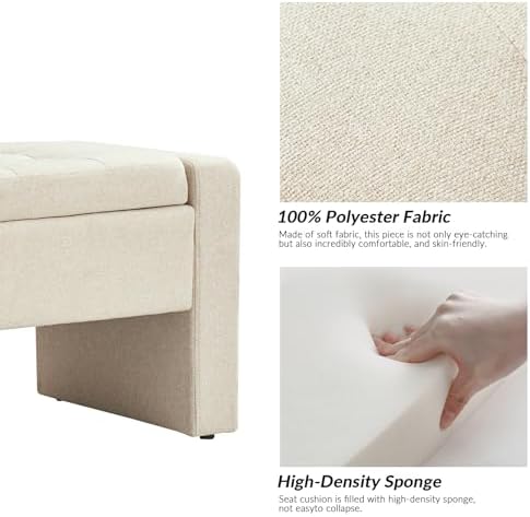 55" modern upholstered storage bench with tufted seat, side view