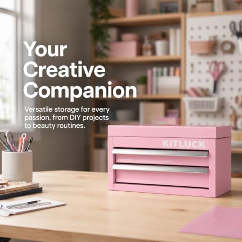 kitluck mini metal tool box, 2-drawer top chest on a desk or shelf