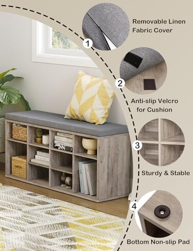 dinzi lvj shoe storage bench with cushion, 40.9", side view