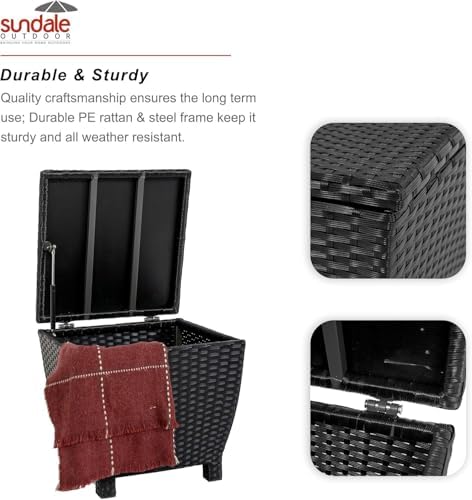 sundale black wicker storage box, 13 gallon outdoor, side view