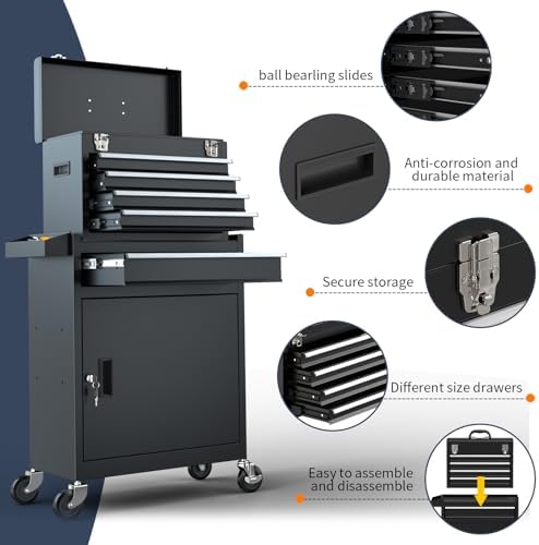 5-drawer high capacity rolling tool box, removable cabinet, front angle view