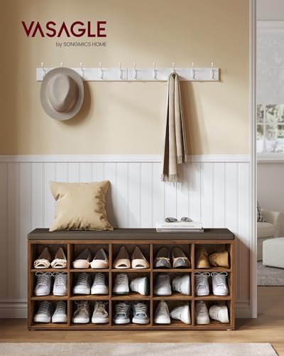 vasagle shoe bench with cushion, 15 compartments, 11.8 shown in use