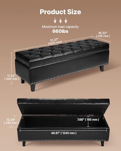 vevor button-tufted storage ottoman bench, pu leather bench, close-up detail