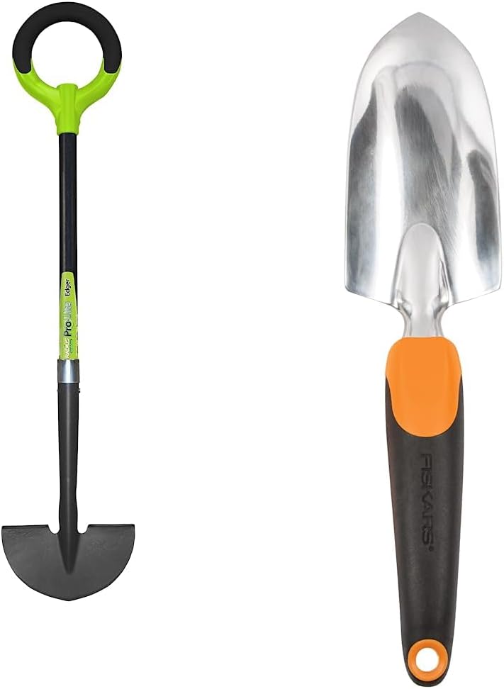 25602 Pro-Lite Ergonomic Carbon Steel Edger & Fiskars Ergo Gardening Hand Trowel - Ergonomic Handle Design with Hang Hole - Heavy Duty Garden Tool for Digging