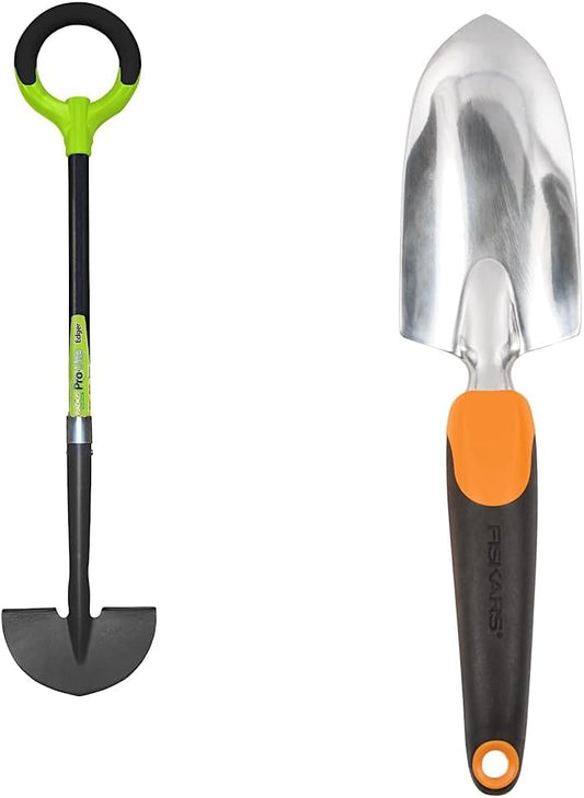 25602 Pro-Lite Ergonomic Carbon Steel Edger & Fiskars Ergo Gardening Hand Trowel - Ergonomic Handle Design with Hang Hole - Heavy Duty Garden Tool for Digging