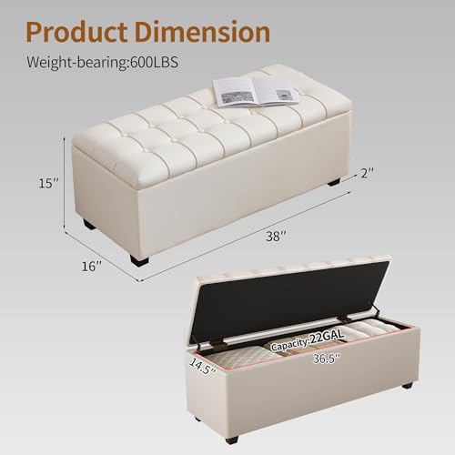38" white faux leather ottoman storage bench with shown in use