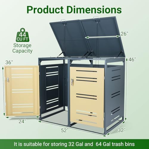 goplus 44 cu.ft outdoor trash can storage, garbage shown in use