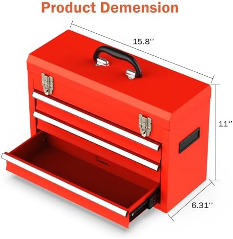 3 drawer metal tool box, heavy duty steel, front angle view