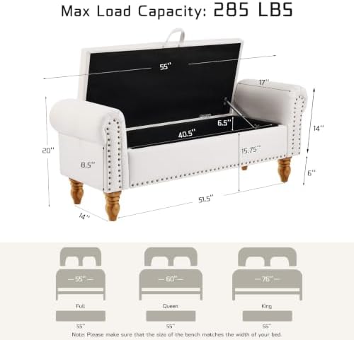 55" end of bed bench, upholstered bench with shown in use