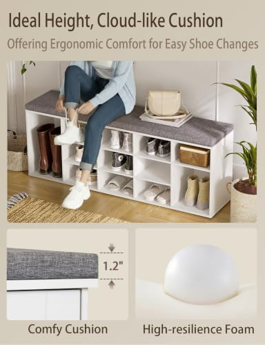 dinzi lvj shoe storage bench with cushion, 15-cubby, front angle view