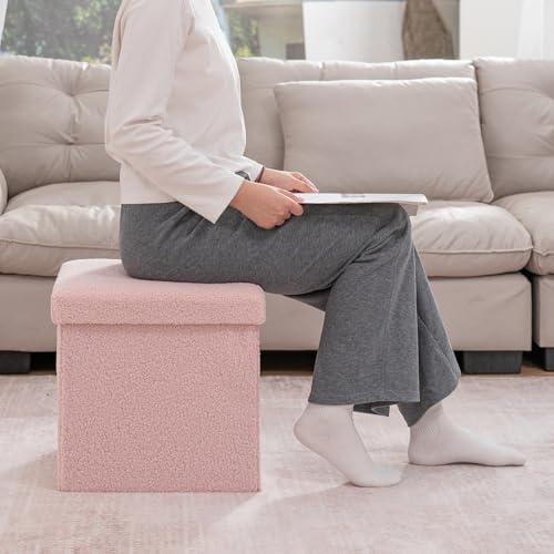 folding storage ottoman bench, 15 inch boucle small, side view
