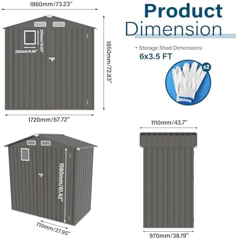 6x3.5 ft outdoor storage shed, small metal garden shown in use