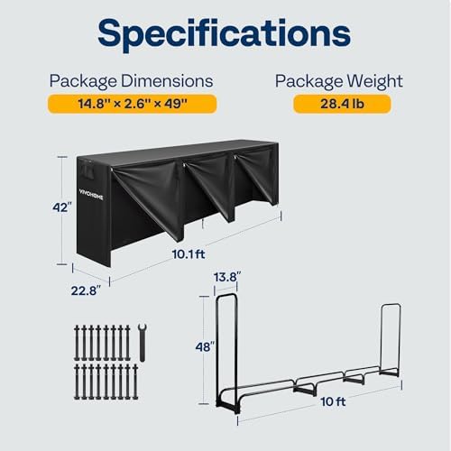 vivohome 10 ft heavy duty firewood rack outdoor showing dimensions