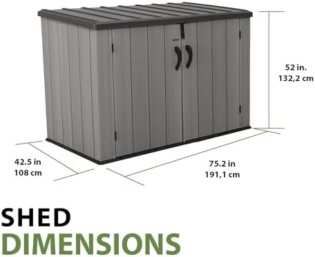 lifetime horizontal outdoor storage shed, 75 cu. ft. showing dimensions