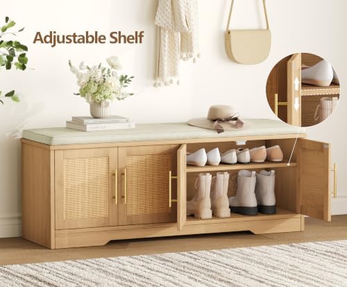 rattan shoe storage bench, 47.2" wide entryway bench, close-up detail
