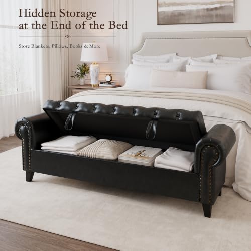 67 inch faux leather storage bench with rolled, close-up detail