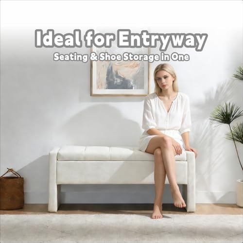 47.25 inch storage ottoman bench, linen upholstered, white, front angle view