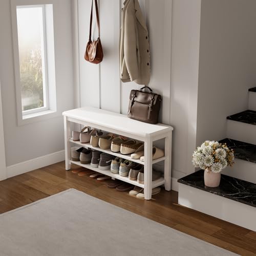 aqimuele wood shoe rack bench, 2 tier shoe, front angle view