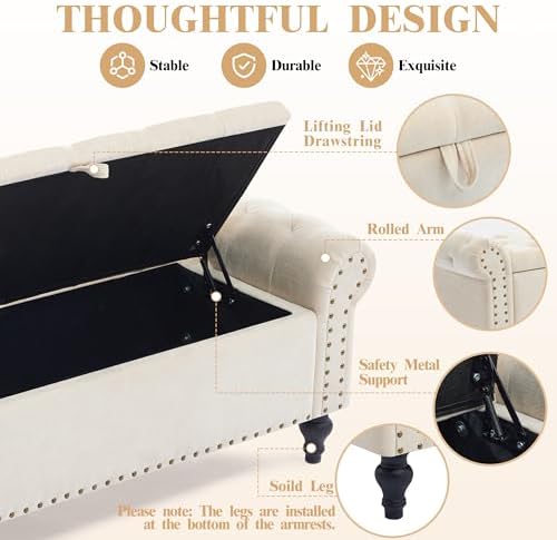 51" storage bench for bedroom, upholstered ottoman bench, side view