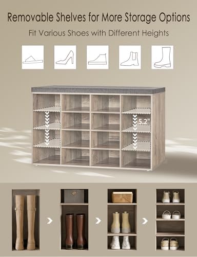 dinzi lvj shoe storage bench with cushion, 16-cubby, side view